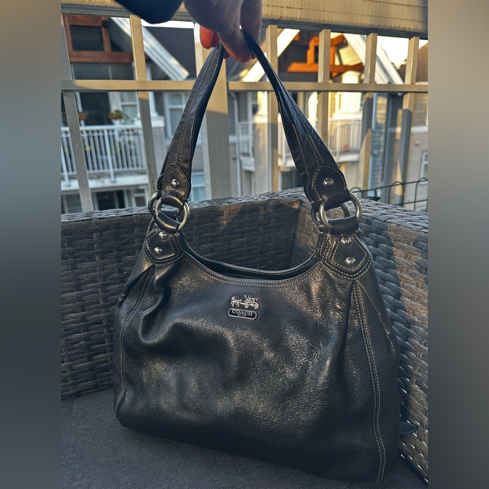 Coach Black Pebbled Leather Shoulder Bag with Silver Hardware & Purple Lining
